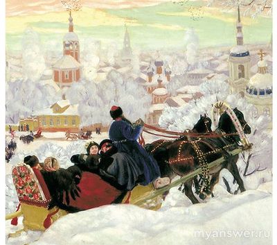Экипаж на картине Бориса Кустодиева «Масленица» - какое слово из 4 букв?