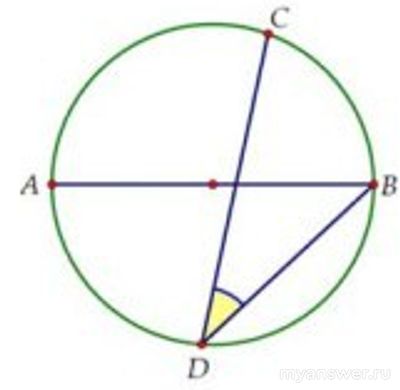 В окружности проведены диаметр АВ и хорда CD, ∠АВС=55°. Как найти ∠CDB?
