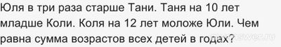 Как решить: Юля в три раза старше Тани. Таня на 10 лет младше Коли?