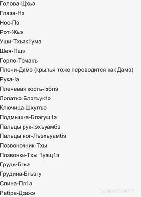 Как будут части тела на кабардинском языке? Органы по-кабардински как?
