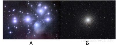 Как решить: Даны фото ярчайших представителей 2 типов звёздных скоплений?