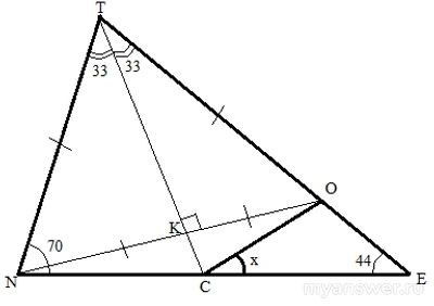 Как решить: В треугольнике TEN угол E равен 44 градусам?