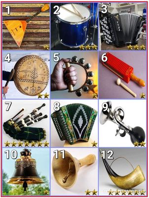 Музыкальные инструменты (12 шт, см) - какое слово их может объединить?